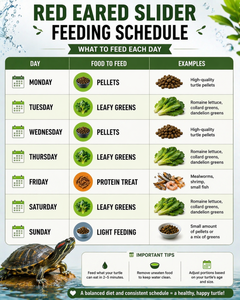red eared slider feeding schedule showing what to feed each day including pellets leafy greens and protein treats