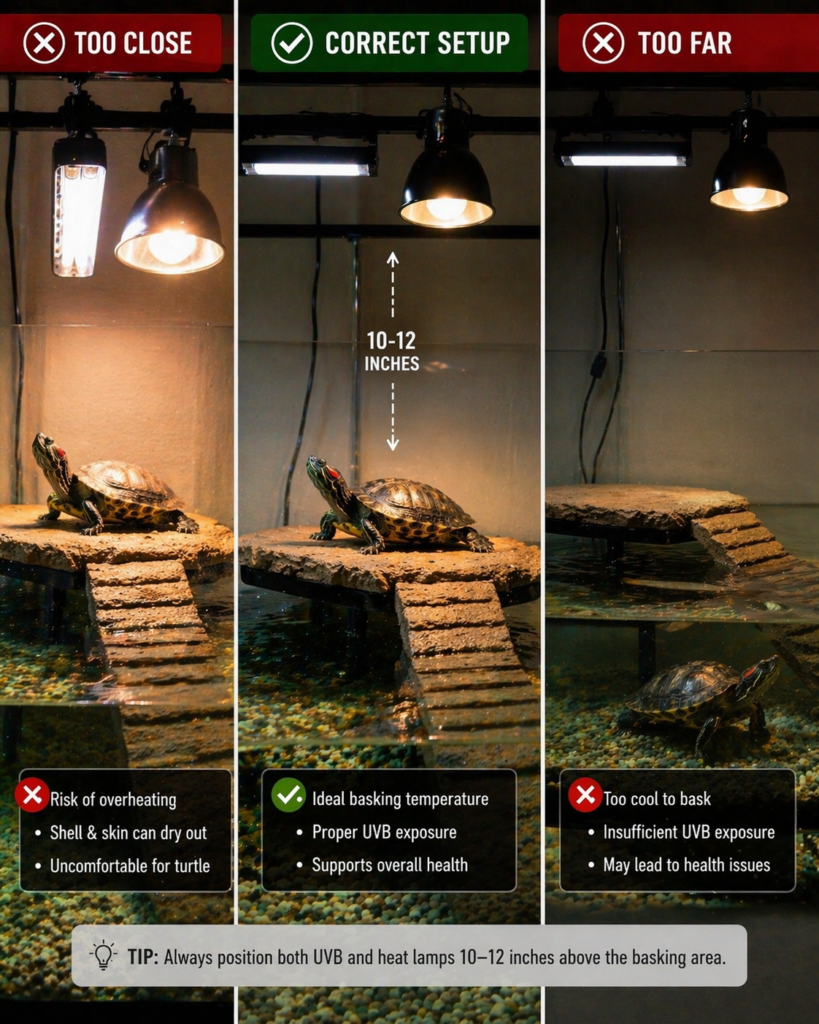 turtle basking light distance comparison showing correct uvb and heat lamp placement versus too close and too far setups