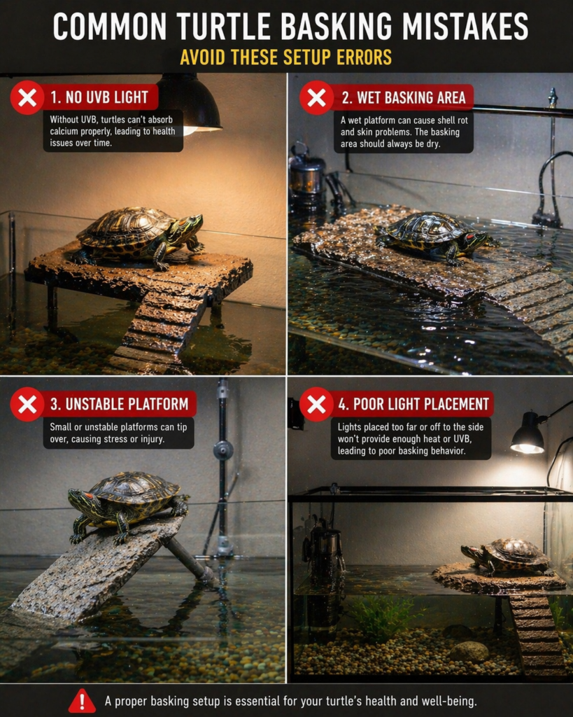 common turtle basking setup mistakes showing no uvb wet platform unstable dock and incorrect lighting placement