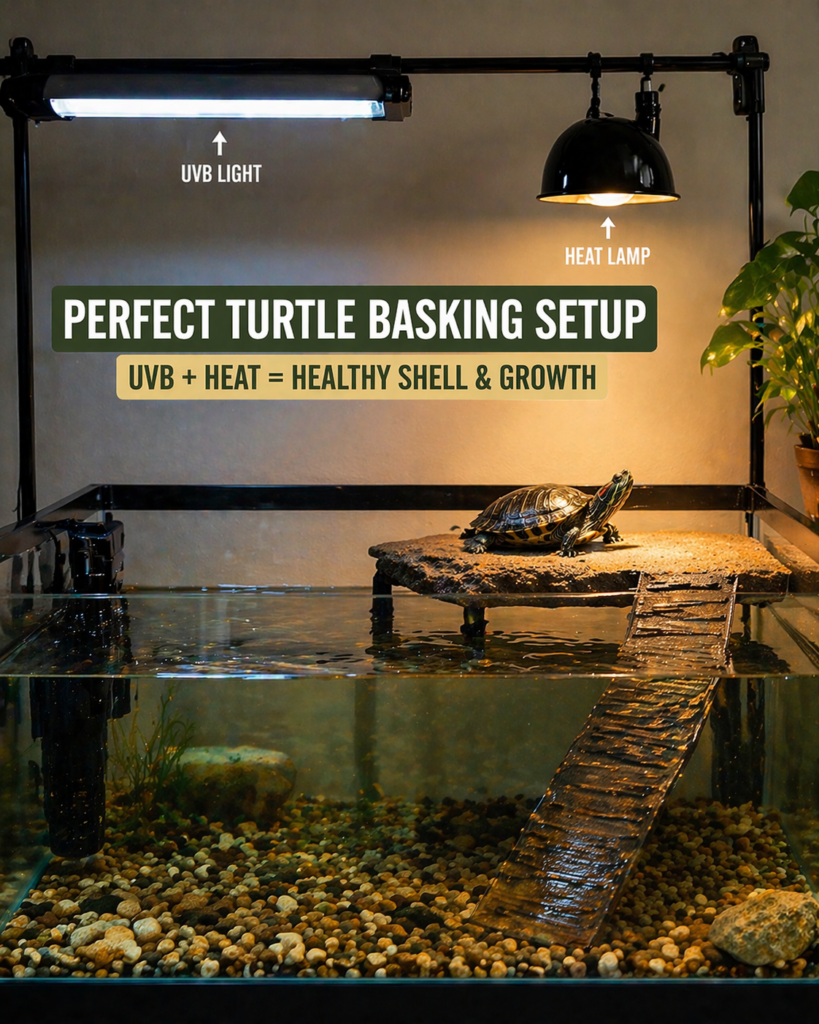 red eared slider basking setup showing turtle under UVB and heat lamp on dry platform inside aquarium