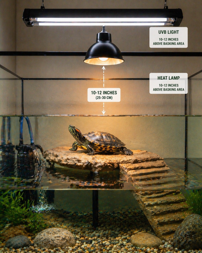 correct turtle basking setup with uvb and heat lamp showing proper lighting and dry platform