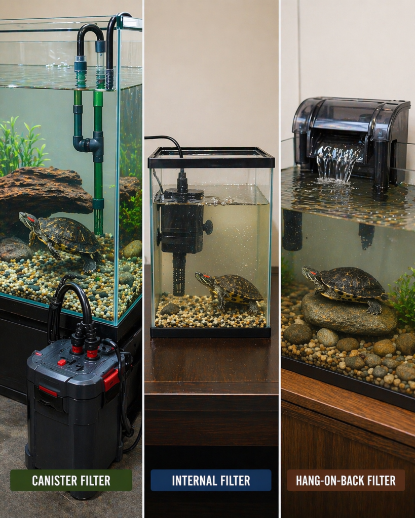 comparison of turtle tank filter types showing canister filter, internal filter, and hang on back filter setups with red eared slider turtles in aquariums