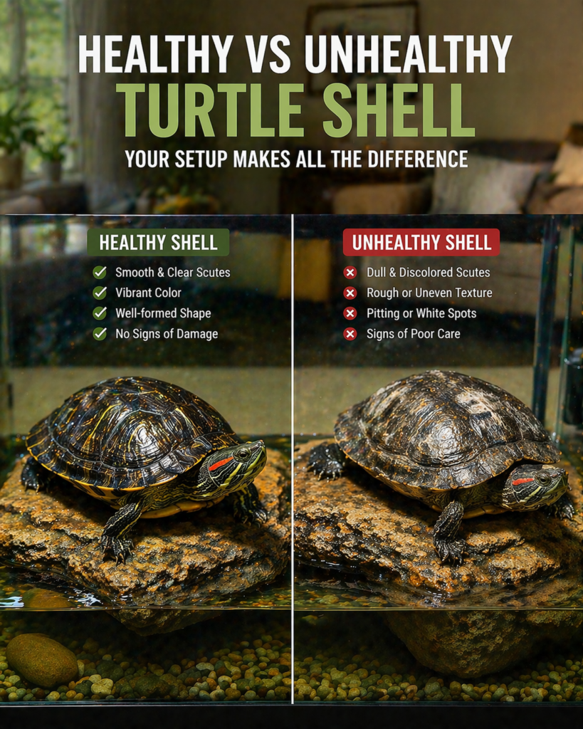 red eared slider turtle shell health comparison showing healthy smooth shell vs unhealthy shell condition