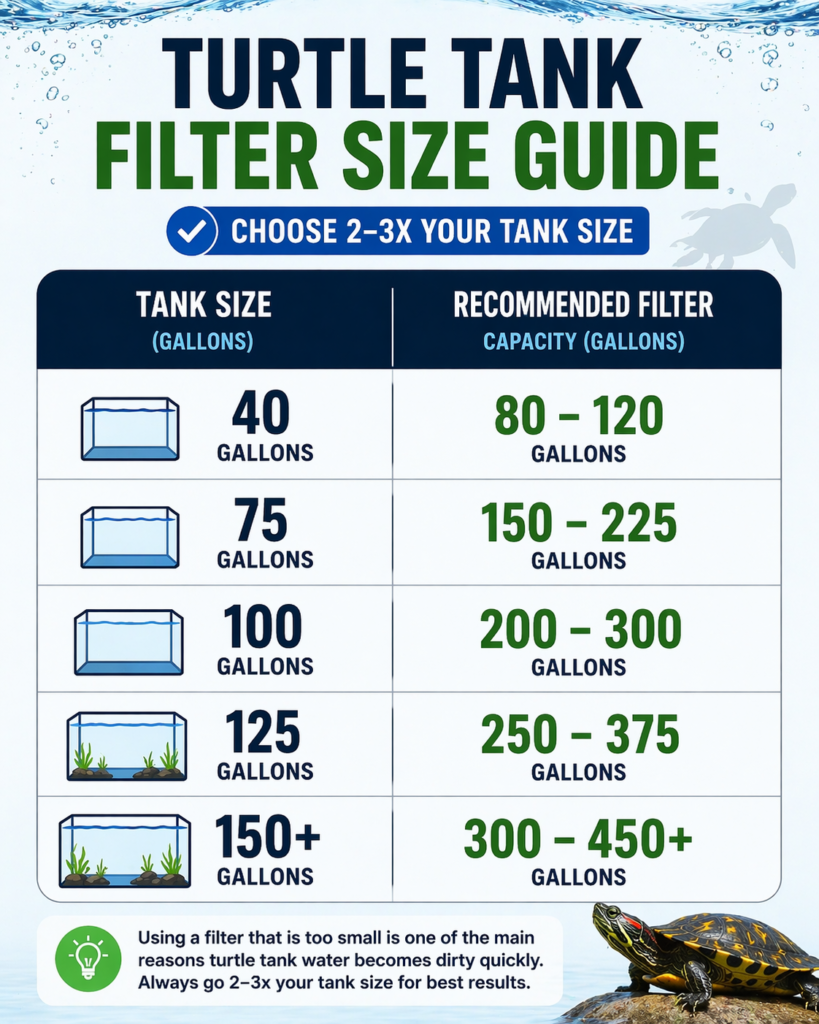 turtle tank filter size chart showing recommended filter capacity based on aquarium size for proper filtration