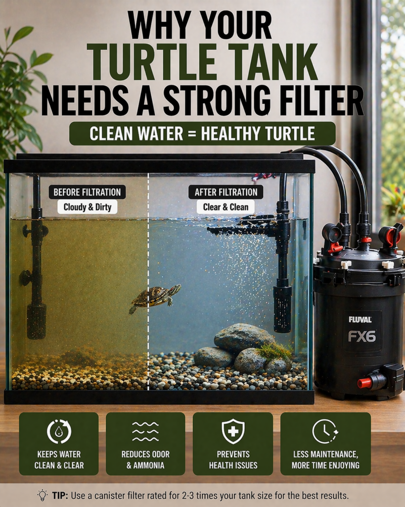 turtle tank filtration system showing canister filter setup with intake and outflow pipes and clear clean water