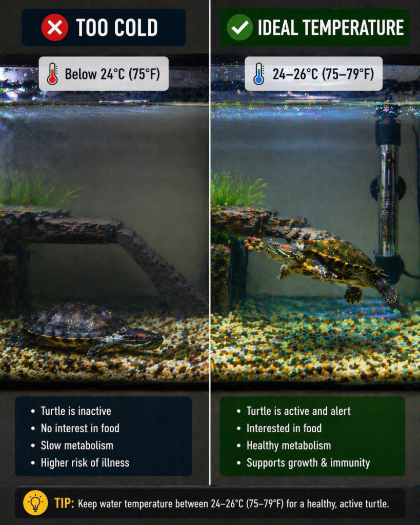 why turtle not eating due to cold water showing correct temperature setup
