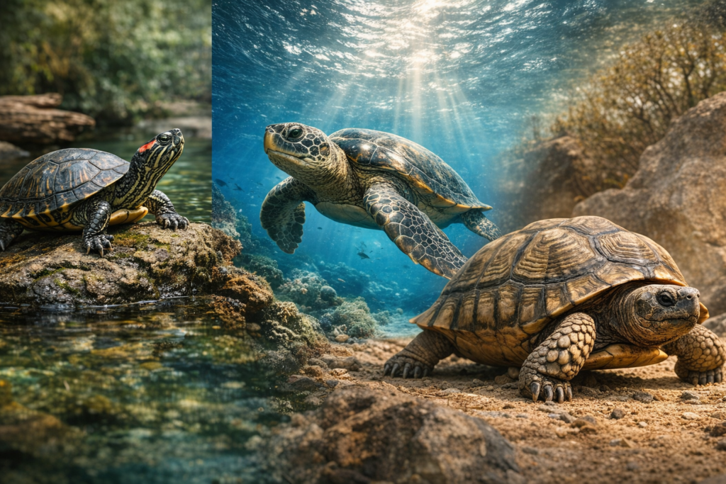 types of turtles freshwater sea and land comparison