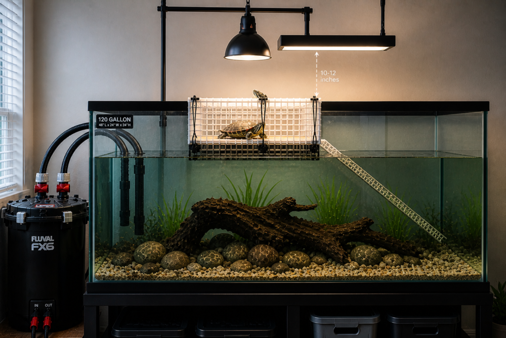 painted turtle basking under uvb and heat lamp proper setup