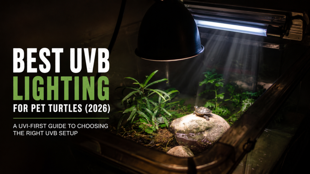 Pet turtle basking under UVB and heat lighting in a planted indoor turtle habitat