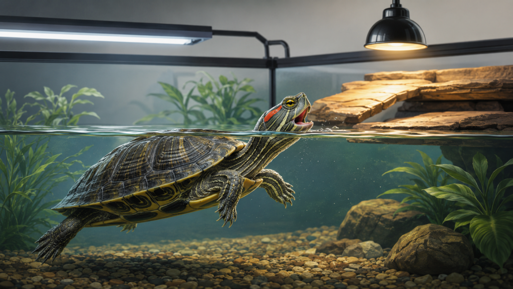 Aquatic turtle showing signs of breathing difficulty