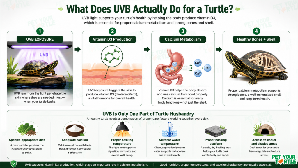 UVB lighting for pet turtles infographic showing UVB exposure, vitamin D3 production, calcium metabolism, and healthy shell and bones