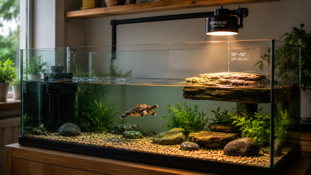 Spacious turtle tank with basking area, filtration, and UVB lighting for a red-eared slider