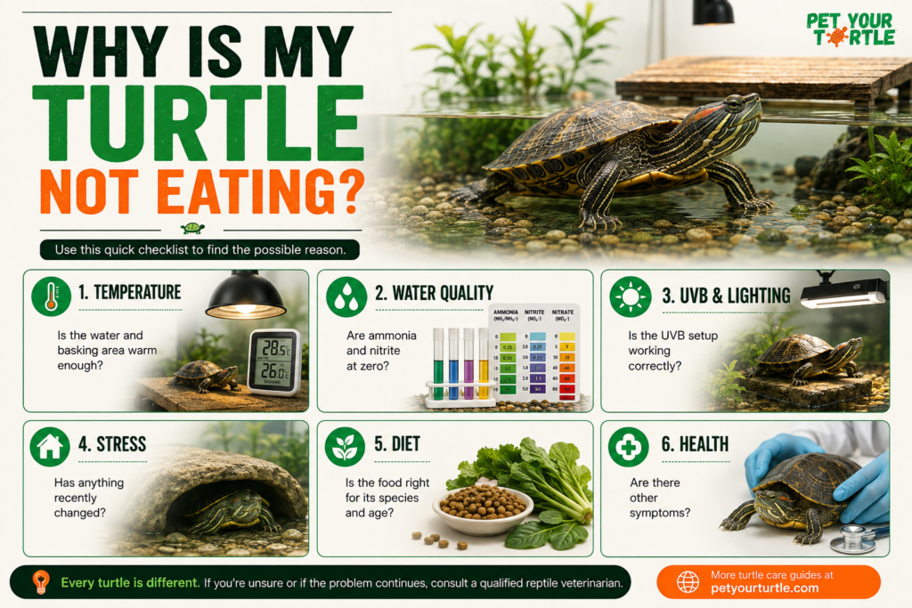 Why is my turtle not eating? Diagnostic checklist covering temperature, water quality, UVB, stress, diet, and health.