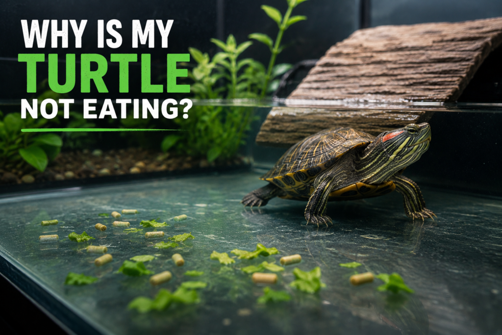 Red-eared slider turtle ignoring food pellets and leafy greens in an aquarium