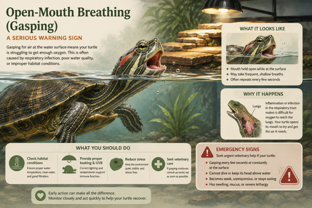 Aquatic turtle gasping with its mouth open at the water surface