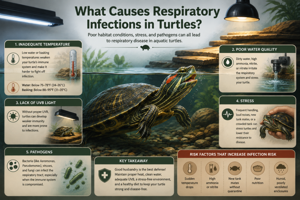 Illustration showing common causes and risk factors for respiratory infection in aquatic turtles