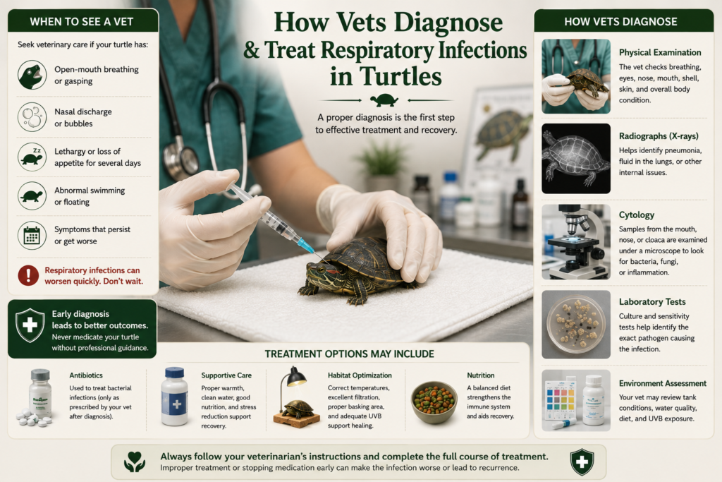 Veterinarian examining and treating a turtle with respiratory illness