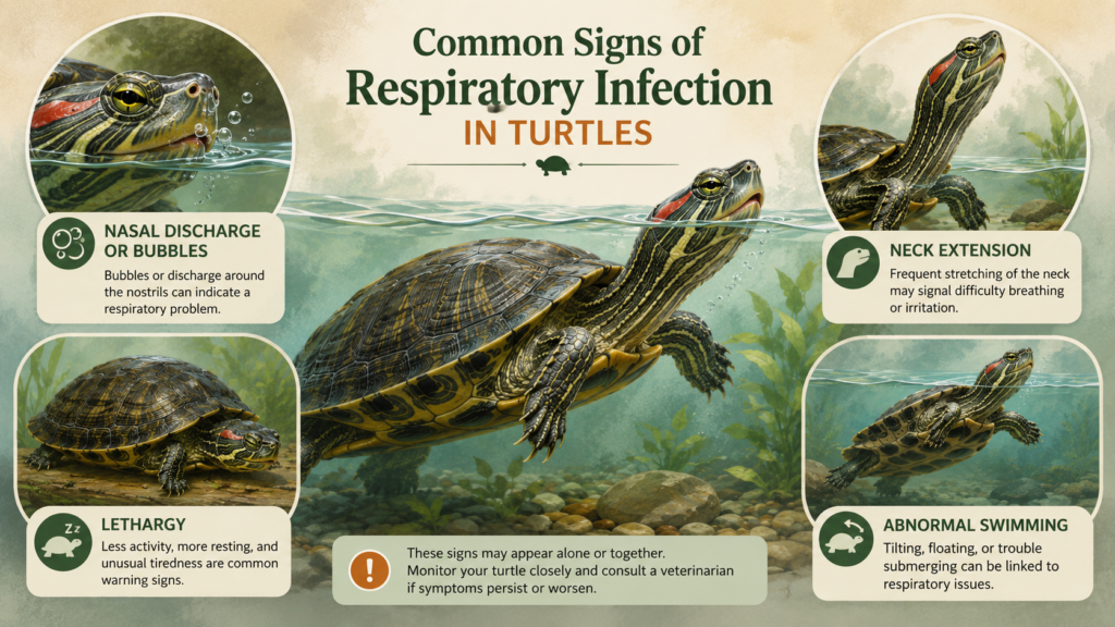 Illustration showing common signs of respiratory infection in an aquatic turtle